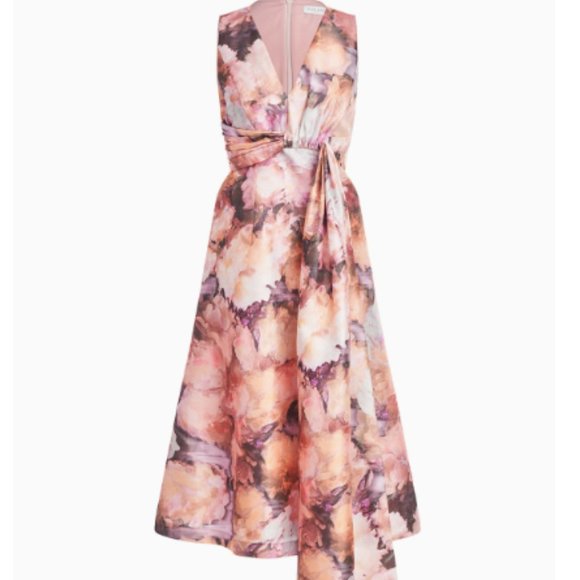 KAY UNGER LANI FLORAL PRINT METALLIC ORGANZA PINK MULTI MIDI DRESS sz 6 - Picture 5 of 6